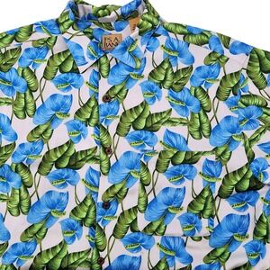 Jos A Bank Silk Camp Shirt Tropical‎ Floral Blue Green Short Sleeve Button Up L